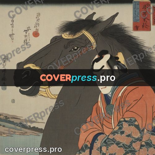 Ukiyo-e artwork: rider beside a horse's head
