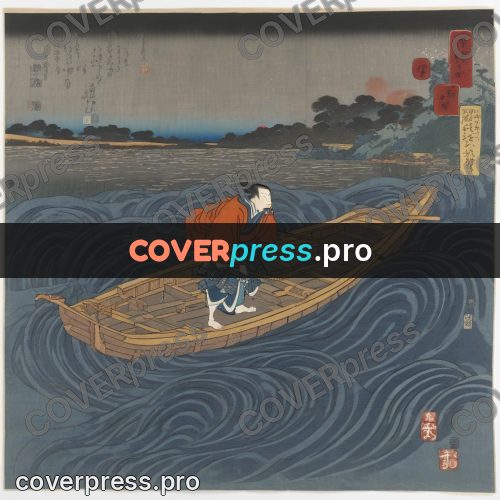 Ukiyo-e artwork: boatman in a boat on waves