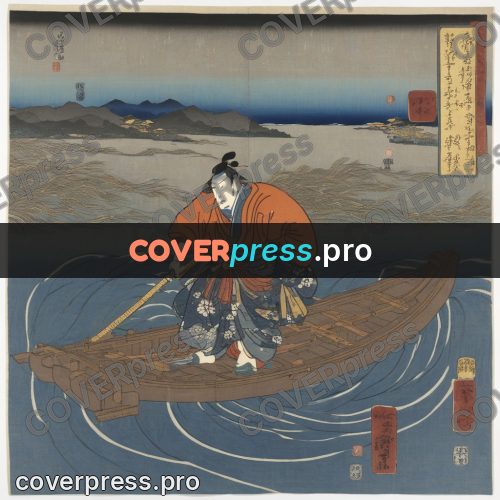 Ukiyo-e artwork: boatman in a boat on waves