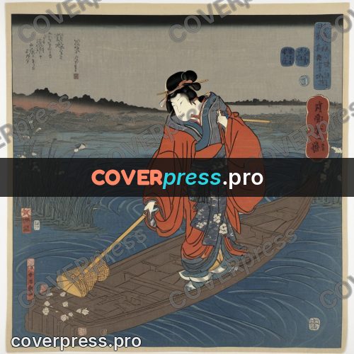 Ukiyo-e artwork: woman poling a flat boat