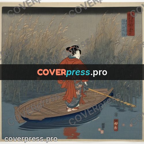 Ukiyo-e artwork: woman poling a flat boat