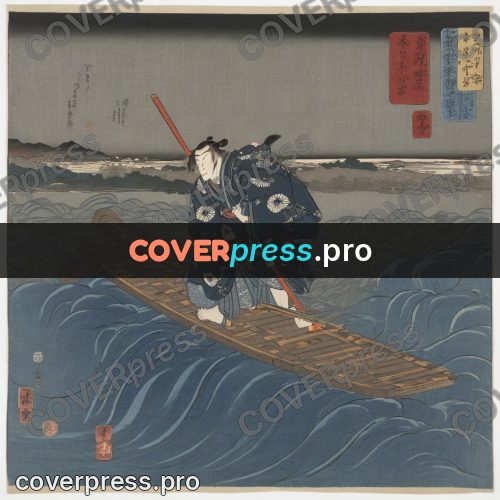 Ukiyo-e artwork: ferryman on a boat in waves