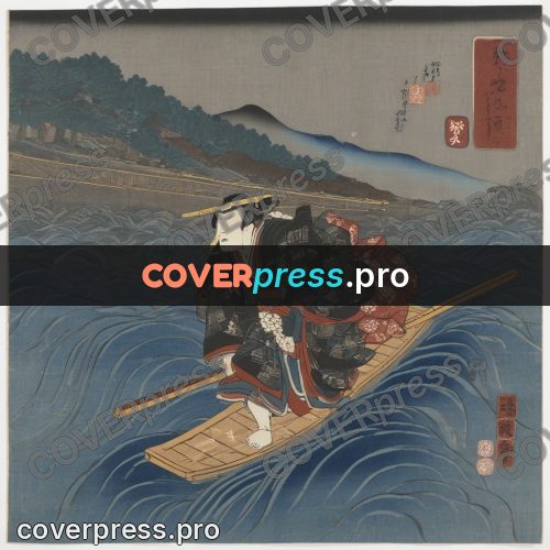 Ukiyo-e artwork: ferryman on a boat in waves