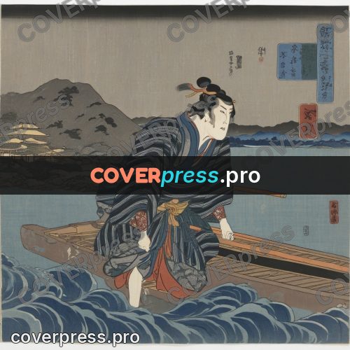 Ukiyo-e artwork: ferryman on a boat in waves