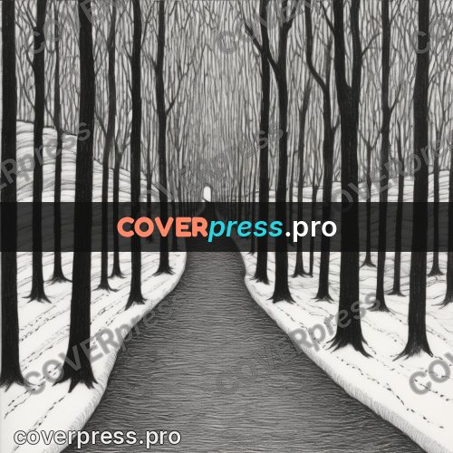 Edward Gorey style drawing: avenue in a winter forest
