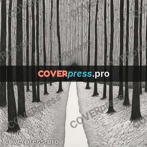 Edward Gorey style drawing: avenue in a winter forest