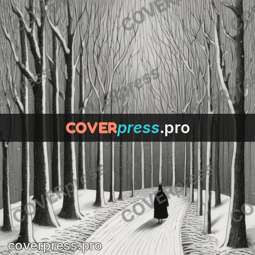 Edward Gorey style drawing: avenue in a winter forest