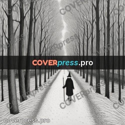 Edward Gorey style drawing: avenue in a winter forest