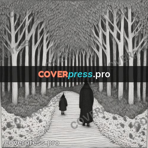 Edward Gorey style drawing: avenue in a winter forest