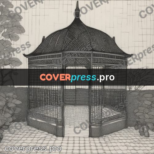 Edward Gorey style drawing: pavilion with a latticed roof