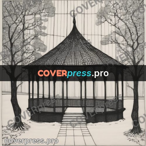 Edward Gorey style drawing: pavilion with a latticed roof