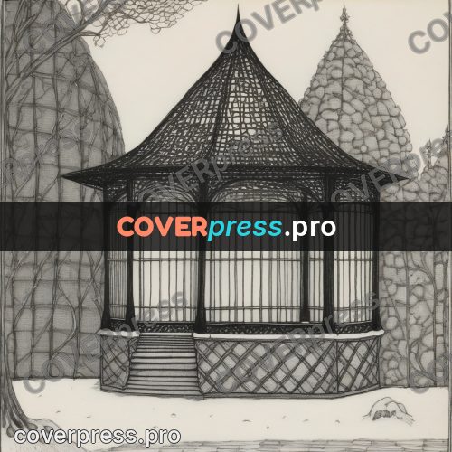 Edward Gorey style drawing: pavilion with a latticed roof