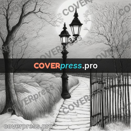 Edward Gorey style drawing: lamp by a winter path
