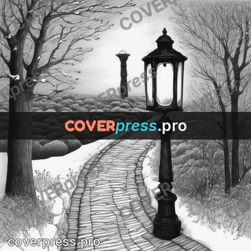 Edward Gorey style drawing: lamp by a winter path