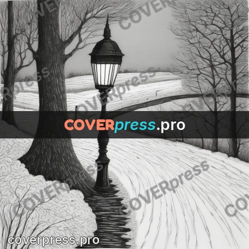 Edward Gorey style drawing: lamp by a winter path