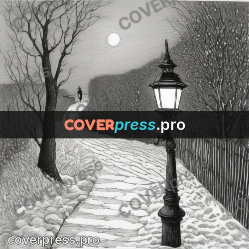 Edward Gorey style drawing: lamp by a winter path