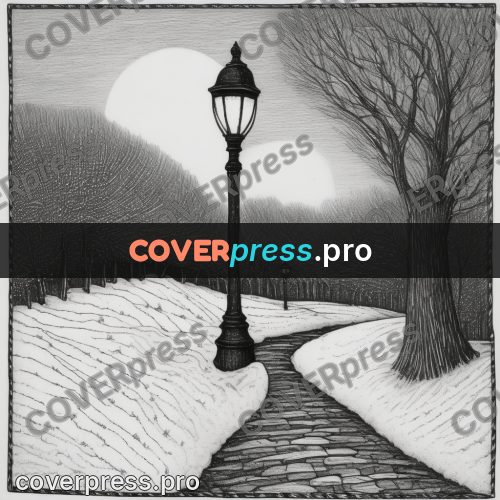 Edward Gorey style drawing: lamp by a winter path