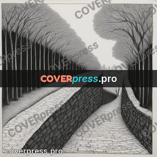 Edward Gorey style drawing: road between stone walls