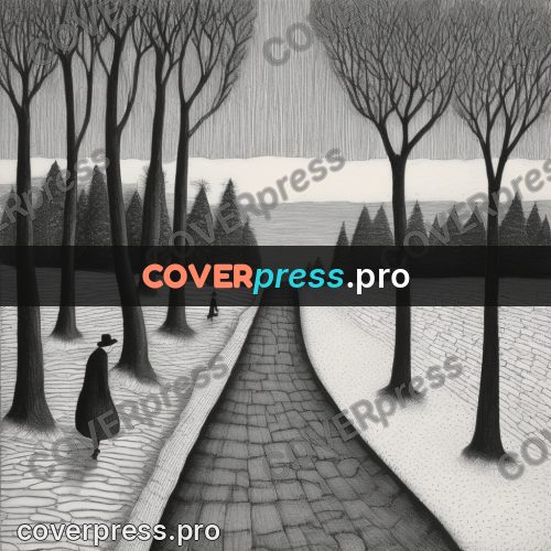 Edward Gorey style drawing: road between stone walls