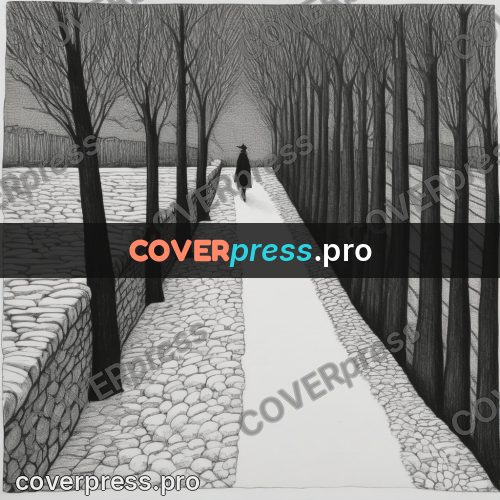 Edward Gorey style drawing: road between stone walls