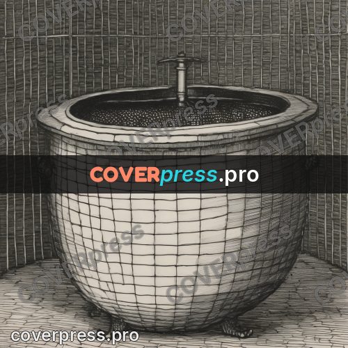 Edward Gorey style drawing: copper vat in a tiled room