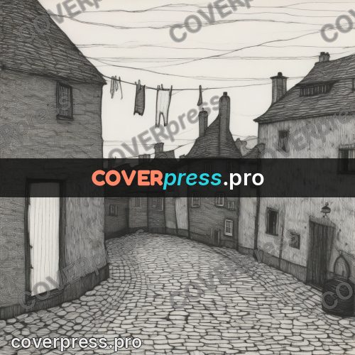 Edward Gorey style drawing: cobbled street with old houses