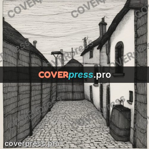 Edward Gorey style drawing: cobbled street with old houses