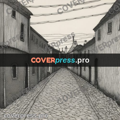 Edward Gorey style drawing: cobbled street with old houses