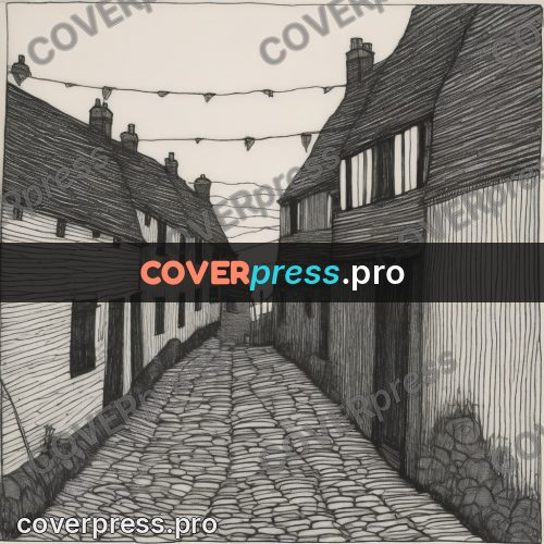 Edward Gorey style drawing: cobbled street with old houses