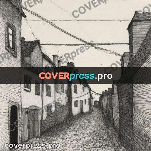 Edward Gorey style drawing: cobbled street with old houses