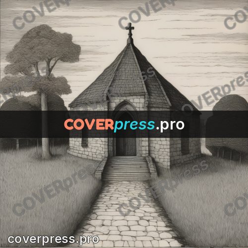 Edward Gorey style drawing: stone chapel by a path