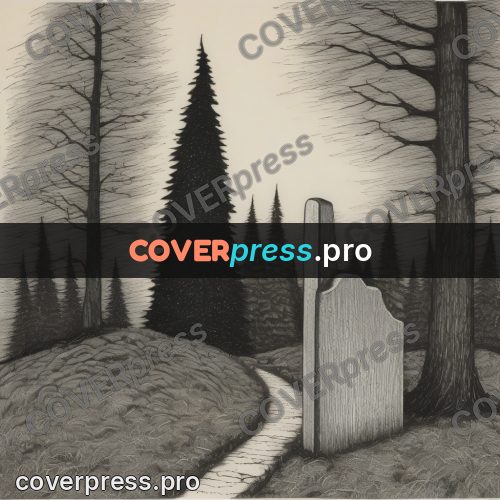 Edward Gorey style drawing: gravestone among bare trees
