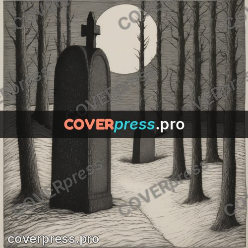 Edward Gorey style drawing: gravestone among bare trees
