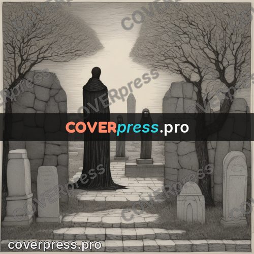 Edward Gorey style drawing: cloaked figure among gravestones