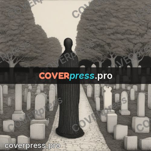 Edward Gorey style drawing: cloaked figure among gravestones