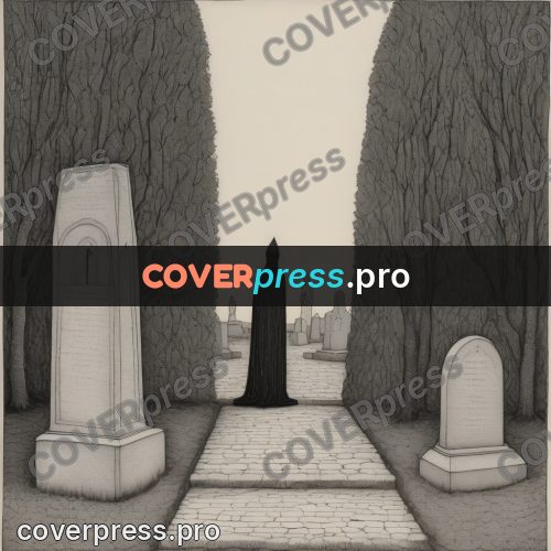 Edward Gorey style drawing: cloaked figure among gravestones