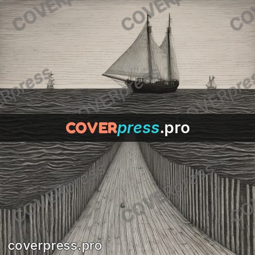 Edward Gorey style drawing: pier and a distant sail
