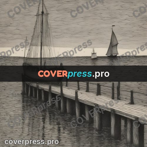 Edward Gorey style drawing: pier and a distant sail