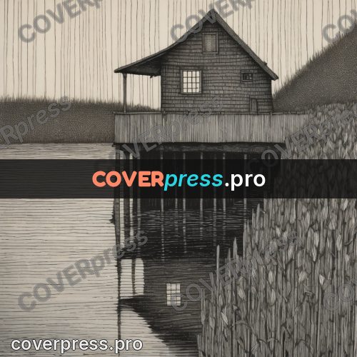 Edward Gorey style drawing: house on piles by the water