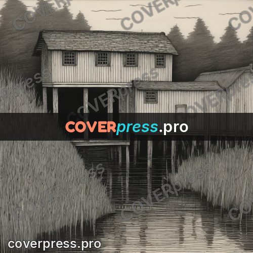 Edward Gorey style drawing: house on piles by the water