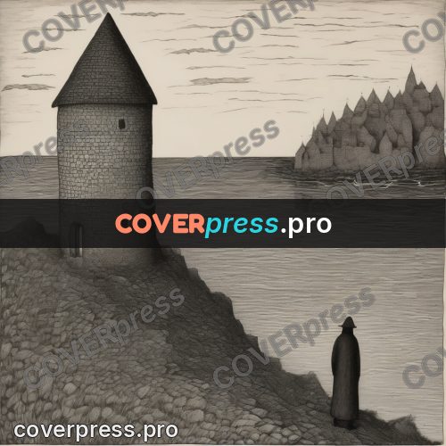 Edward Gorey style drawing: tower on a rocky shore