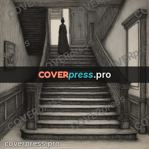 Edward Gorey style drawing: figure on a wooden staircase