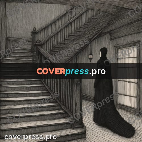 Edward Gorey style drawing: figure on a wooden staircase