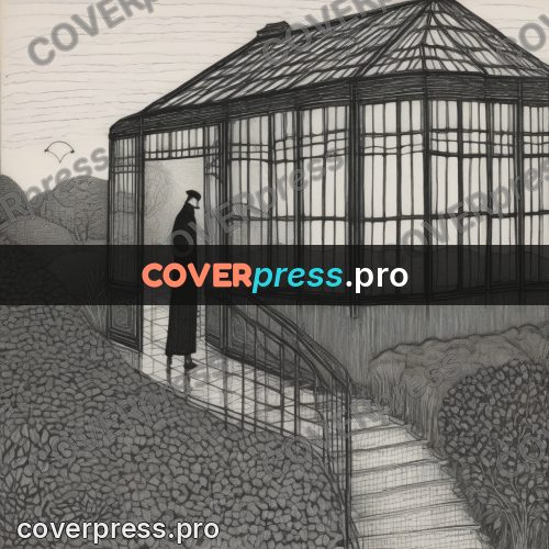 Edward Gorey style drawing: glass conservatory in a garden