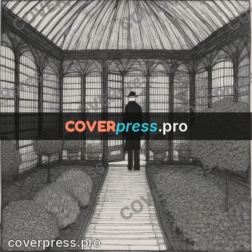 Edward Gorey style drawing: glass conservatory in a garden