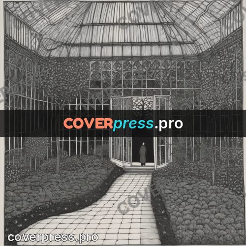 Edward Gorey style drawing: glass conservatory in a garden