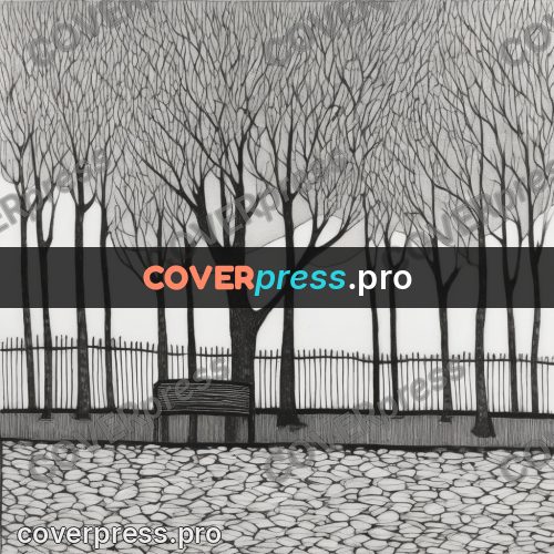 Edward Gorey style drawing: bench under bare trees