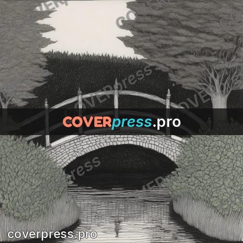 Edward Gorey style drawing: stone bridge over a pond