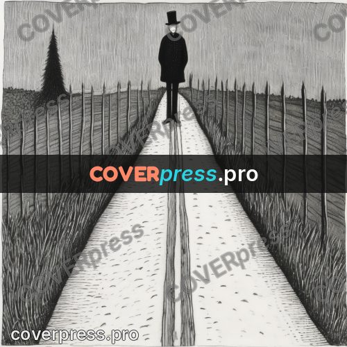 Edward Gorey style drawing: figure on a field road