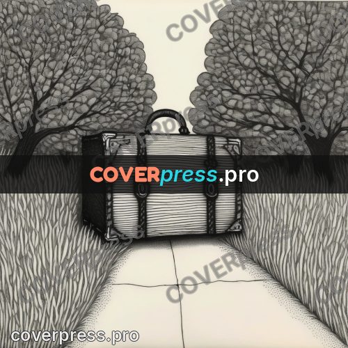 Edward Gorey style drawing: suitcase on a path